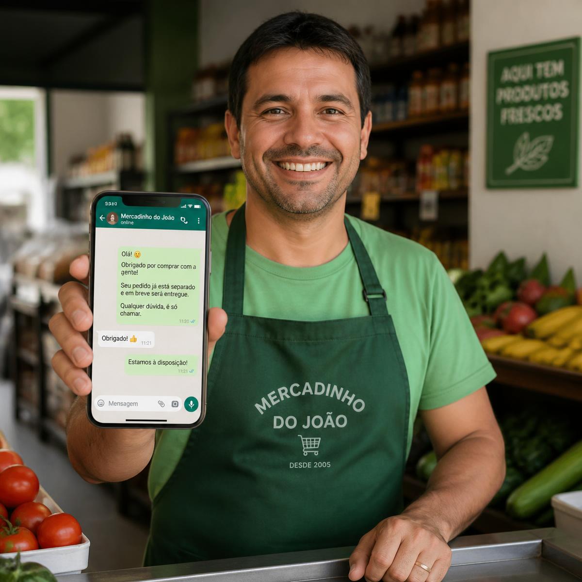 Comerciante sorrindo com o celular na mão enviando uma cobrança pelo WhatsApp